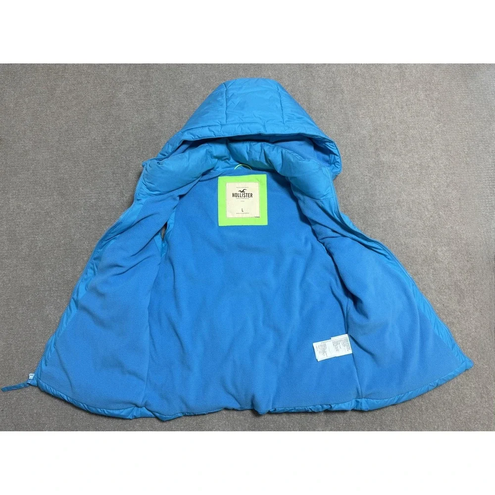 Hollister Puffer Vest Womens Large Blue Hooded Fleece Lined Quilted Seagull Logo